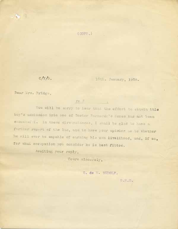 Large size image of Case 6001 22. Copy letter to St Luke's Home enquiring whether it was felt that J. would be capable of earning his own living  10 January 1908
 page 1