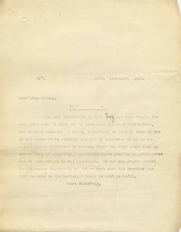 Large size image of Case 6001 27. Copy letter from Revd Edward Rudolf to St Luke's Home suggesting that J. be placed with a Sussex farmer or given into the care of the Poor Law Guardians  14 February 1908
 page 1
