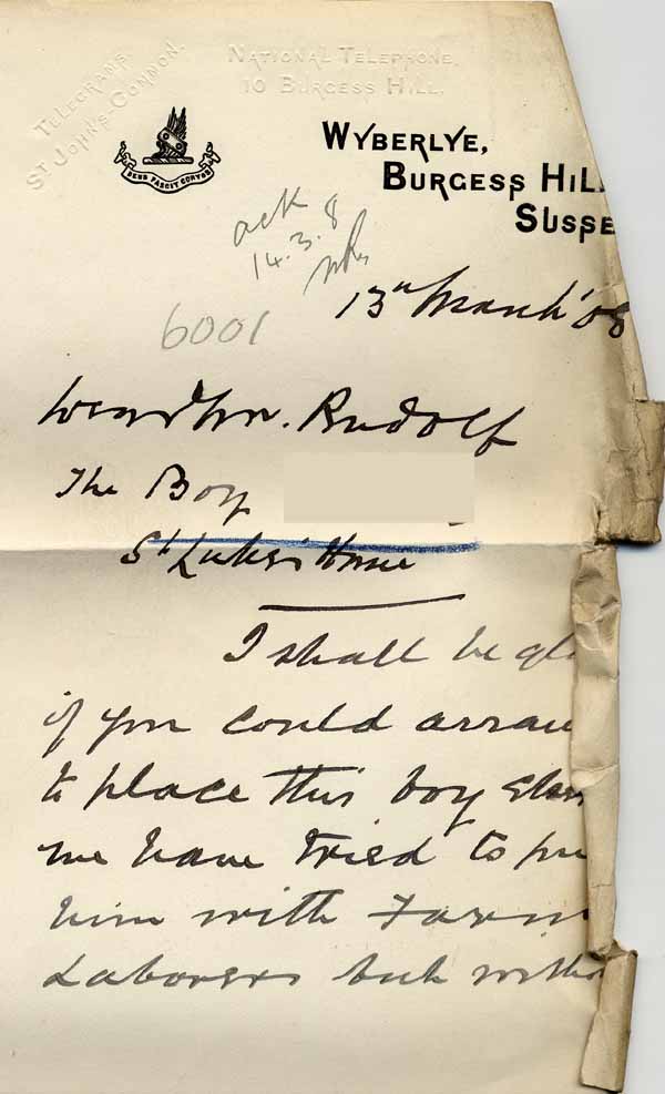 Large size image of Case 6001 30. Letter from St Luke's Home requesting J's removal  13 March 1908
 page 1