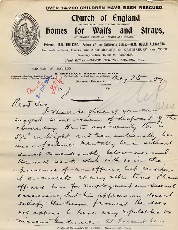 Large size image of Case 6001 31. Letter from St Boniface's Home requesting J's removal  25 May 1909
 page 1