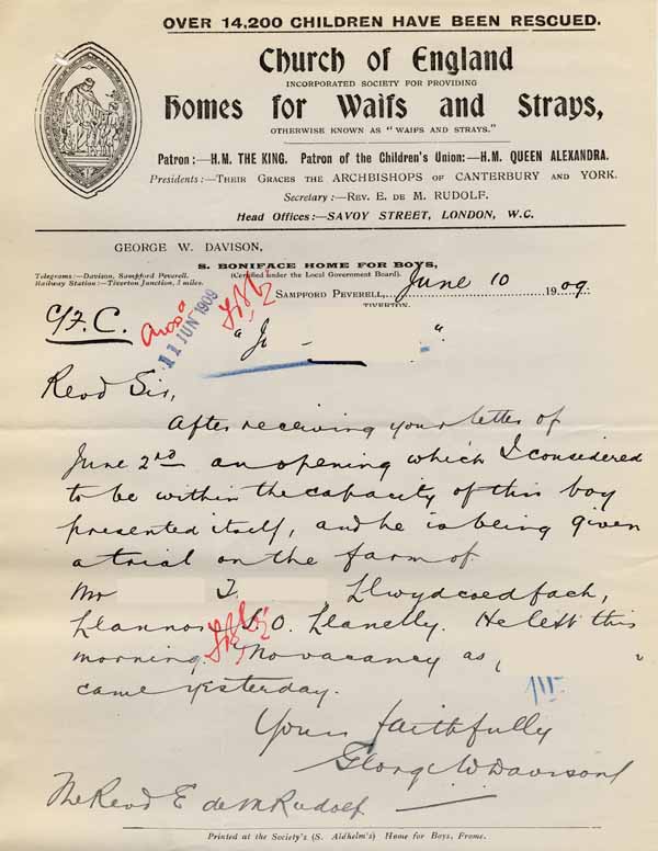 Large size image of Case 6001 33. Letter from St Boniface's Home concerning J's trial on a farm in Llanelli  10 June 1909
 page 1