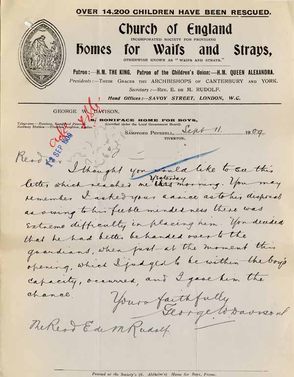 Large size image of Case 6001 37. Letter from St Boniface's Home enclosing J's letter  11 September 1909
 page 1