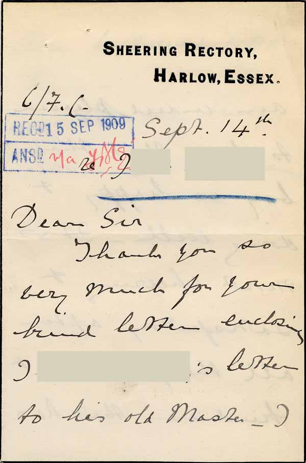 Large size image of Case 6001 39. Letter of thanks from Miss Williams  14 September 1909
 page 1