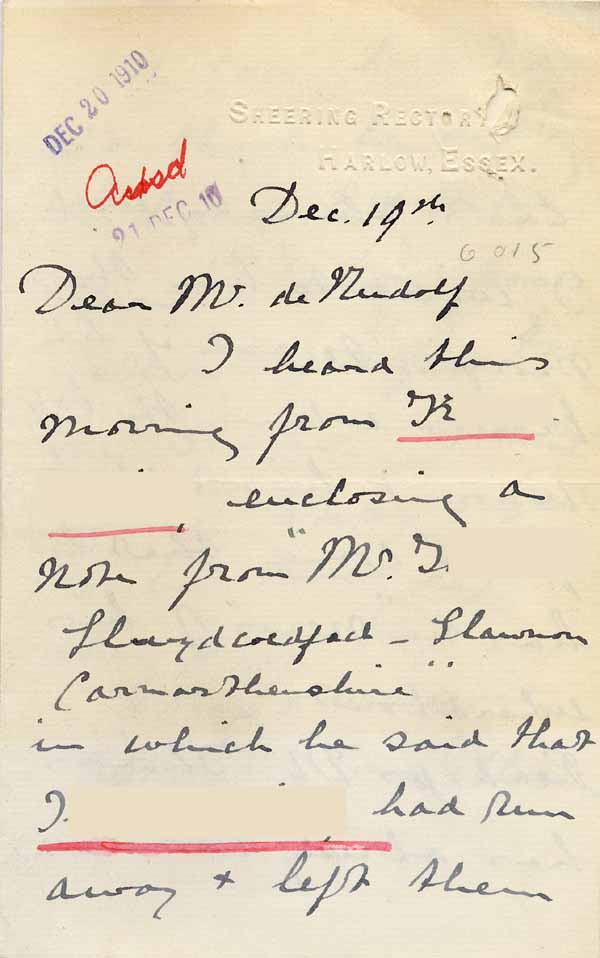 Large size image of Case 6001 40. Letter from Miss Williams informing Revd Edward Rudolf that J. has run away from the farm  19 December 1910
 page 1