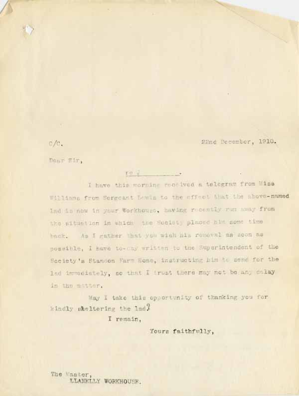Large size image of Case 6001 45. Copy letter to the Master of the Llanelli Workhouse  22 December 1910
 page 1