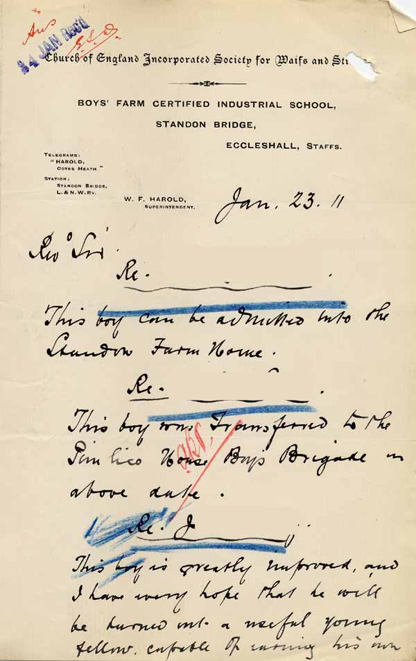 Large size image of Case 6001 46. Letter from the Standon Farm Home giving news of J.  23 January 1911
 page 1