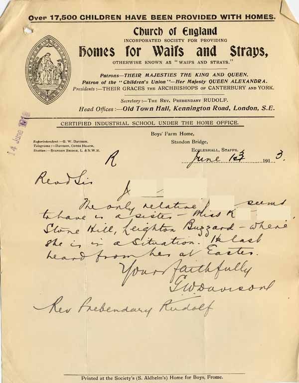 Large size image of Case 6001 51. Letter from the Standon Farm Home giving details of J's sister  13 June 1913
 page 1