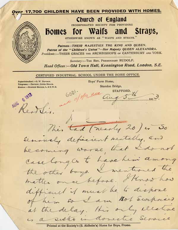 Large size image of Case 6001 52. Letter from the Standon Farm Home requesting J's removal  5 August 1913
 page 1