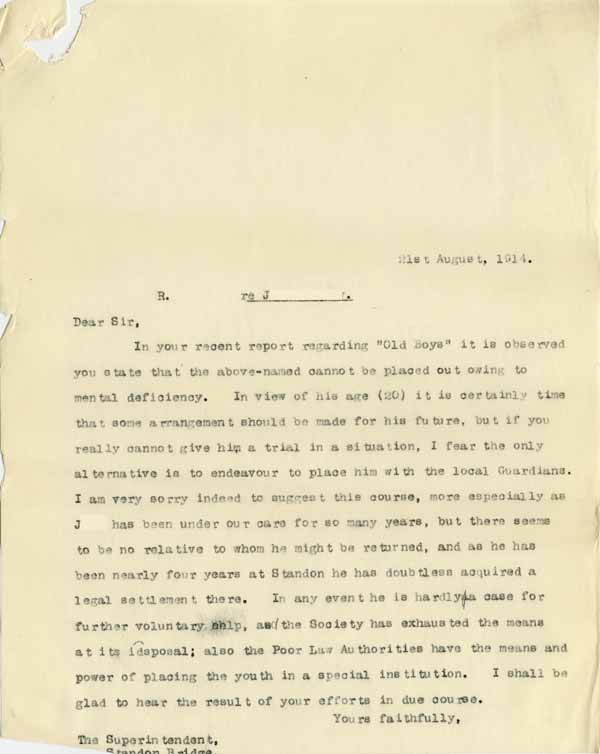 Large size image of Case 6001 55. Copy letter from Revd Edward Rudolf suggesting J. be placed under the care of the Poor Law authorities  21 August 1914
 page 1