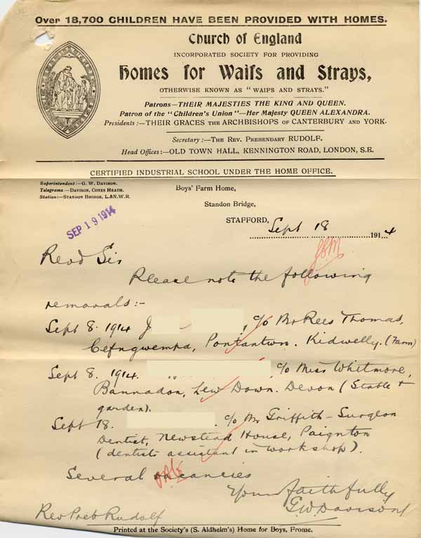 Large size image of Case 6001 56. Notice of J's removal to a farm in Kidwelly, Wales  18 September 1914
 page 1