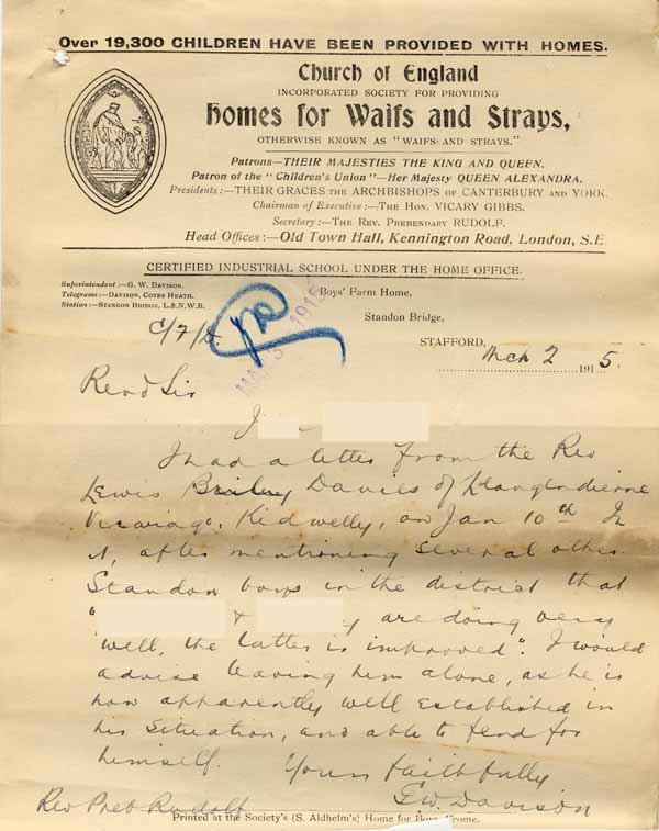 Large size image of Case 6001 61. Letter from the Standon Farm Home giving the news that J. was doing well in his situation  2 March 1915
 page 1