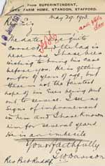 Image of Case 6001 49. Letter from the Standon Farm Home stating that J. (quote) is an imbecile (unquote)  29 May 1913
 page 1