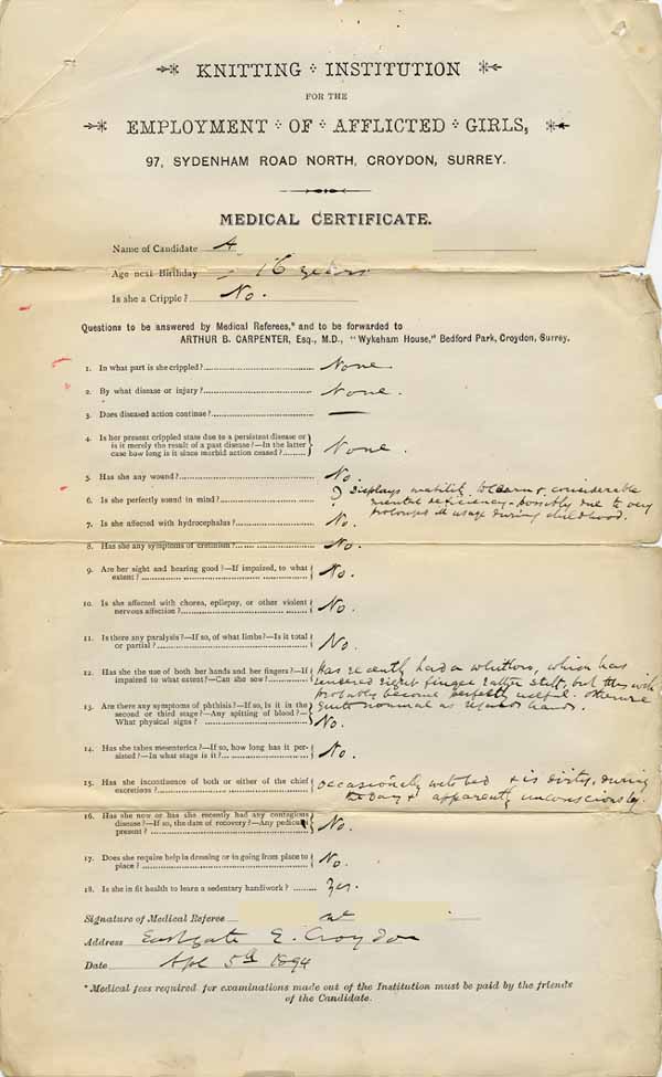 Large size image of Case 6024 1. Application to the Knitting Institution for the Employment of Afflicted Girls, Croydon  1 May 1894
 page 2