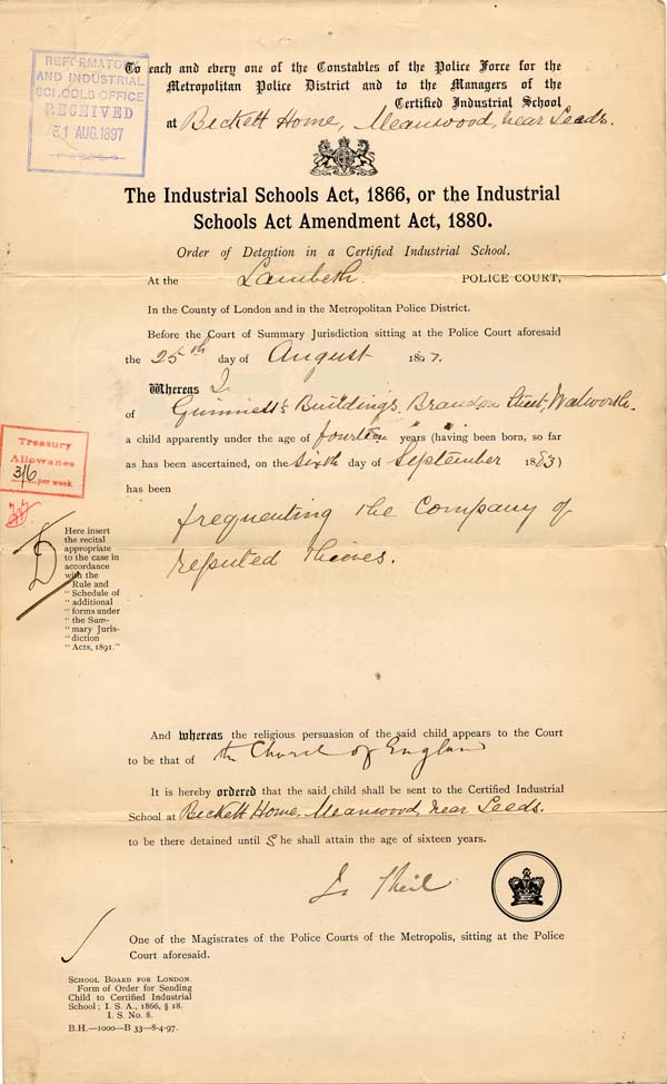 Large size image of Case 6070 1. Order of detention in an Industrial  School  25 August 1897
 page 1