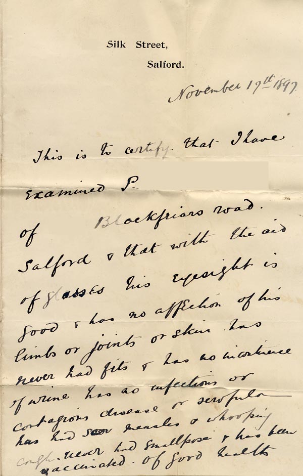Large size image of Case 6232 2. Medical certificate  17 November 1897
 page 1