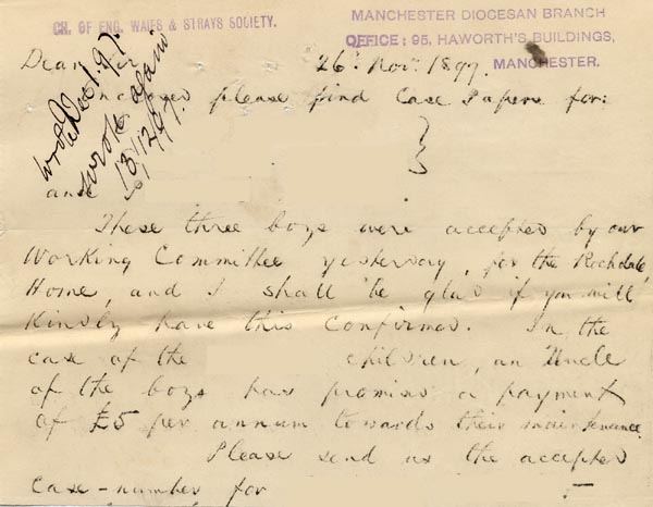 Large size image of Case 6232 3. Note of P's acceptance for the Rochdale Home  26 November 1897
 page 1