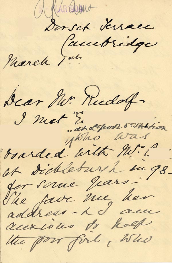 Large size image of Case 6351 12. Letter from Mrs Brandreth, Sec. of Rose Cottage Home For Girls to Edward Rudolf 1 March 1904
 page 1