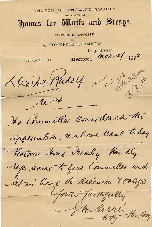 Large size image of Case 6380 3. Letter giving decision of Liverpool Committee to send H. to the Victoria Home, Formby  4 March 1898
 page 1
