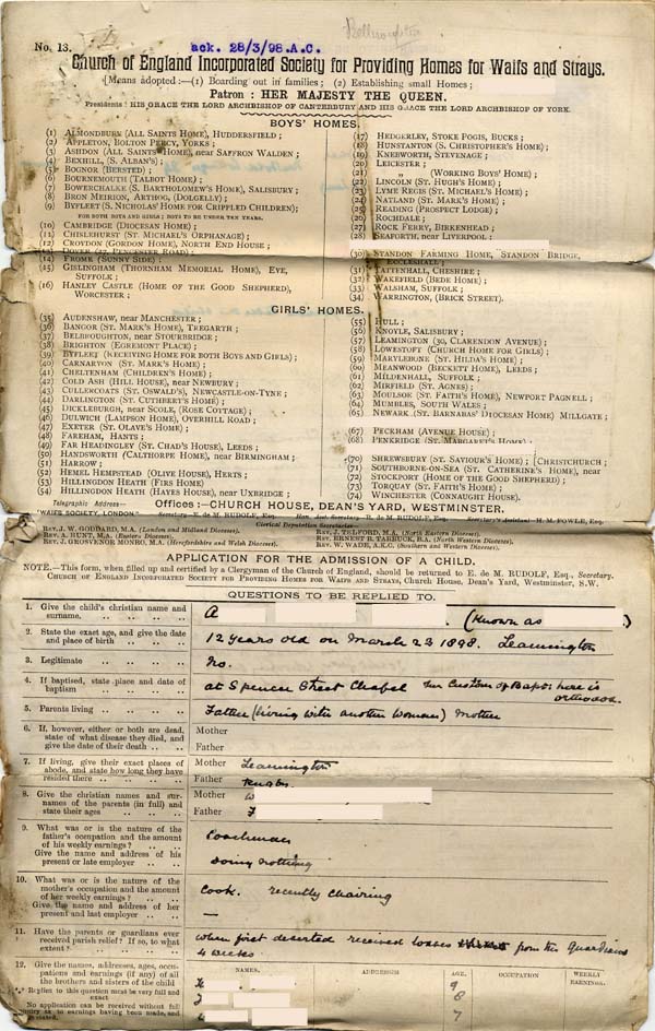 Large size image of Case 6424 1. Application to Waifs and Strays' Society  24 March 1898
 page 1