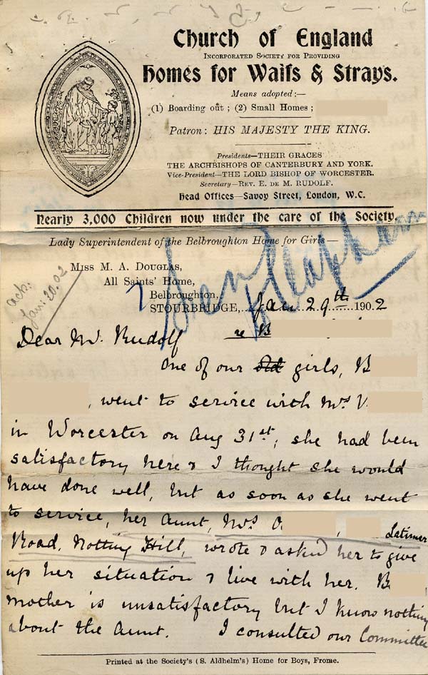 Large size image of Case 6424 4. Letter from the Belbroughton Home about A's future (A. is referred to by her second name, B.)   29 January 1902
 page 1