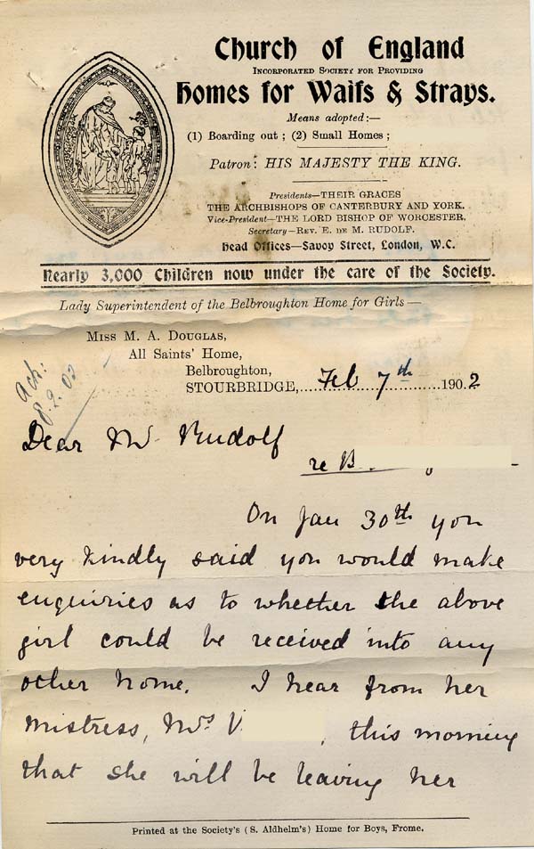 Large size image of Case 6424 7. Letter from the Belbroughton Home asking if another Home has been found for A.  7 February 1902
 page 1