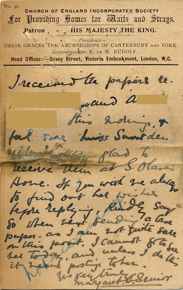Large size image of Case 6424 8. Card from Miss Senior saying that Miss Snowden at St Olave's Home will take A.  8 February 1902
 page 2