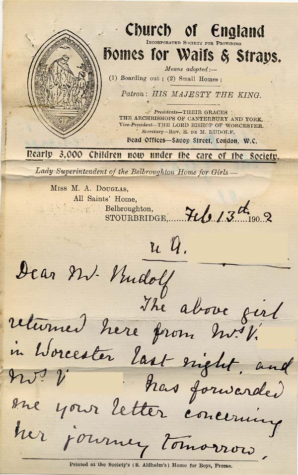Large size image of Case 6424 11. Letter from the Belbroughton Home about A's journey to London  13 February 1902
 page 1