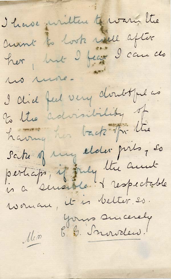 Large size image of Case 6424 17. Letter from Miss Snowden (A. is referred to by her second name B.)  22 August 1903
 page 2