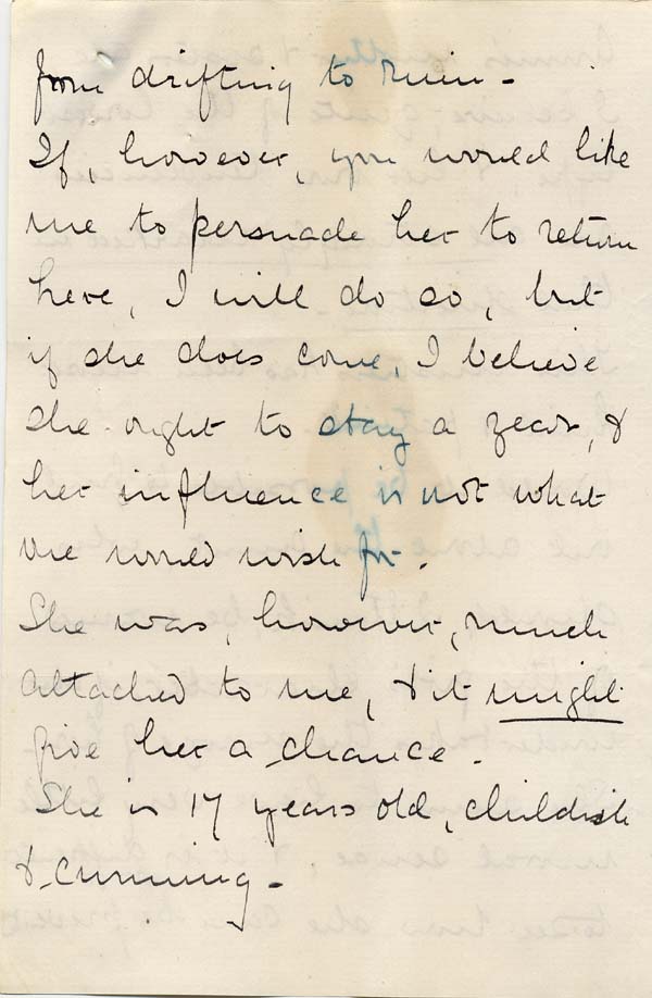 Large size image of Case 6424 22. Letter from Miss Snowden about A's dismissal from her situation and her character  13 August 1903
 page 3
