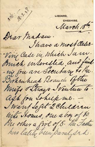 Large size image of Case 6428 2. Letter from Mrs S. seeking help for J. and his sister  18 March [1898]
 page 1