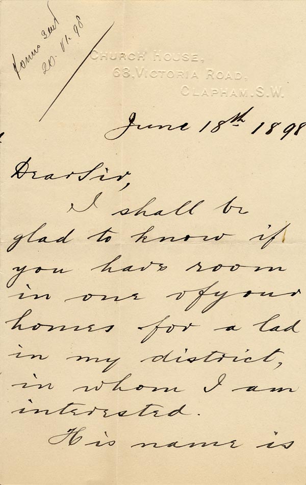 Large size image of Case 6537 2. Letter from Revd D. of St Saviour's, Clapham concerning H's circumstances  18 June 1898
 page 1
