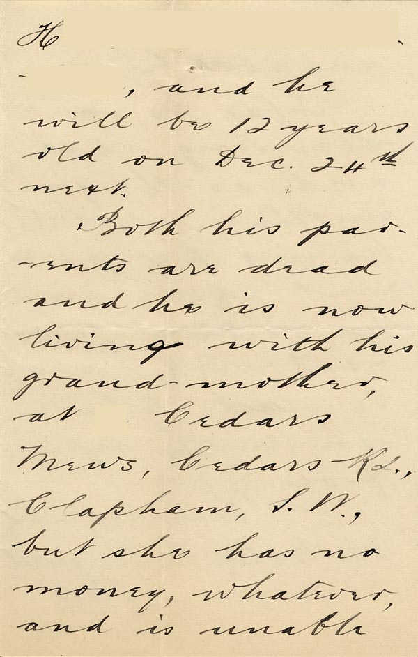 Large size image of Case 6537 2. Letter from Revd D. of St Saviour's, Clapham concerning H's circumstances  18 June 1898
 page 2