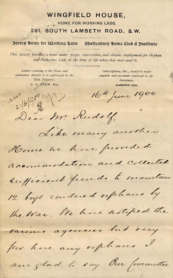 Large size image of Case 6537 5. Letter from Mr C.A. Stein, the Director of Wingfield House offering places to orphan boys  16 June 1900
 page 1