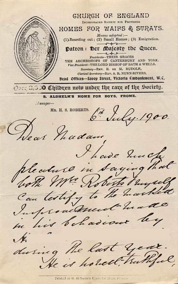Large size image of Case 6537 15. Letter from the Frome Home giving H. a satisfactory reference  6 July 1900
 page 1