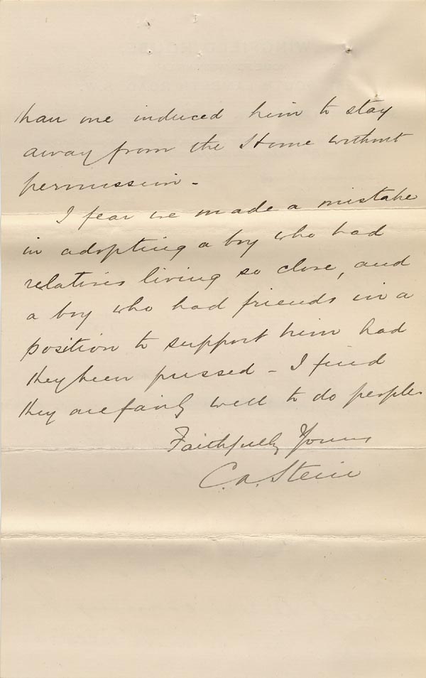 Large size image of Case 6537 16. Letter from Mr C.A. Stein informing the Revd Edward Rudolf that H. had returned to live with his grandmother  18 March 1901
 page 2