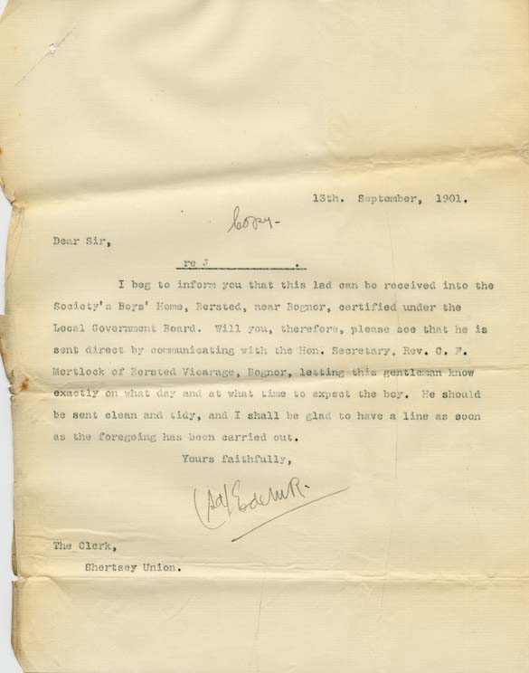 Large size image of Case 8455 5. Copy letter from Revd E. Rudolf stating that J. can be admitted to the Bersted Home  13 September 1901
 page 1