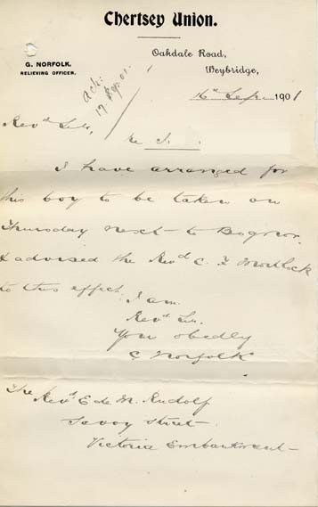 Large size image of Case 8455 6. Letter from Chertsey Union arranging J's journey to Bognor  16 September 1901
 page 1