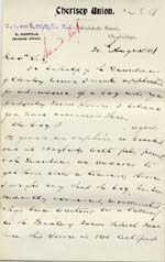 Image of Case 8455 3. Letter from Chertsey Poor Law authorities to the Revd E. Rudolf seeking J's admission to Hedgerley Farm Home  20 August 1901
 page 1