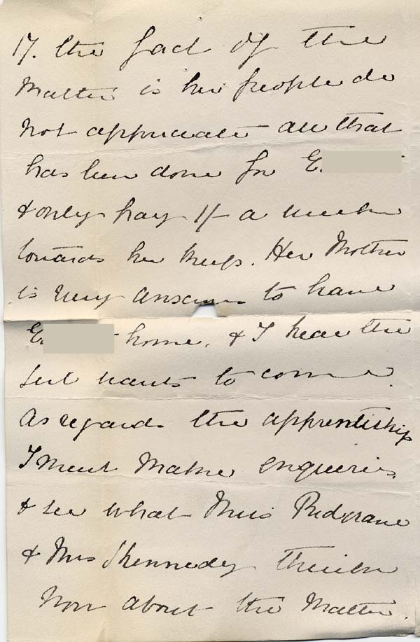 Large size image of Case 8587 12. Letter from Miss B. discussing the possibility of an apprenticeship for E.  24 November 1909
 page 2