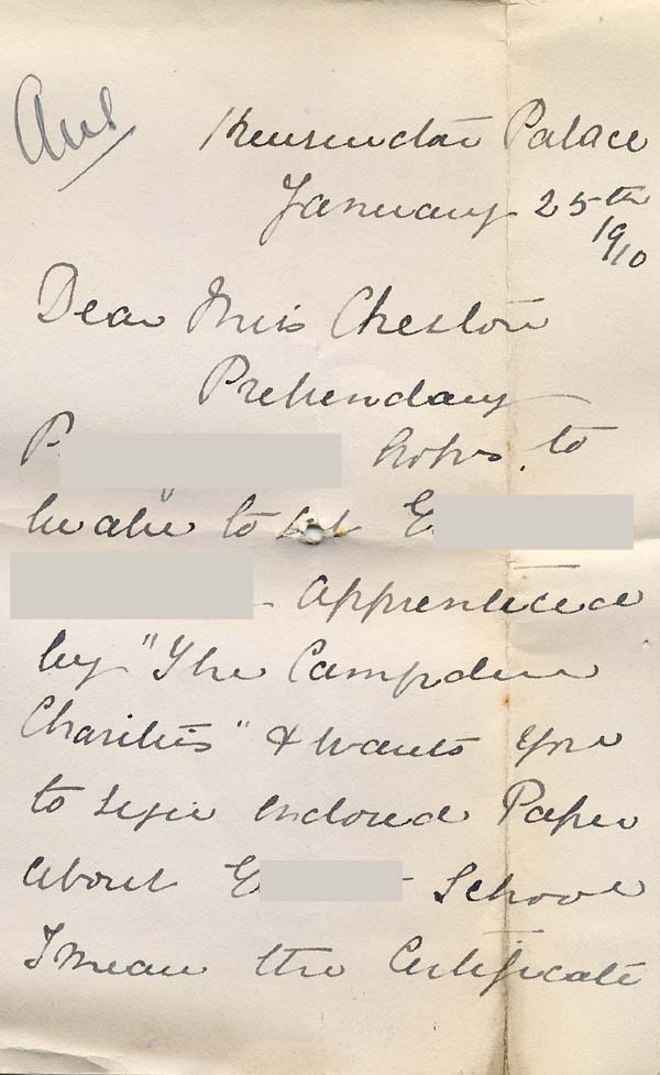 Large size image of Case 8587 21. Letter from Miss B. to St Nicholas' Home about E's future employment  25 January 1910
 page 1