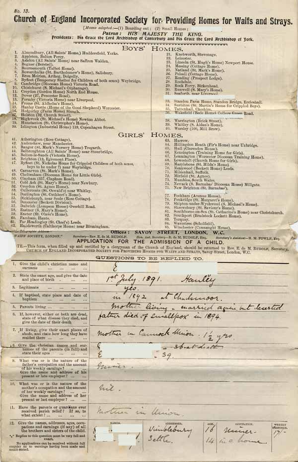 Large size image of Case 8625 1. Application to Waifs and Strays' Society  1 December 1901
 page 1
