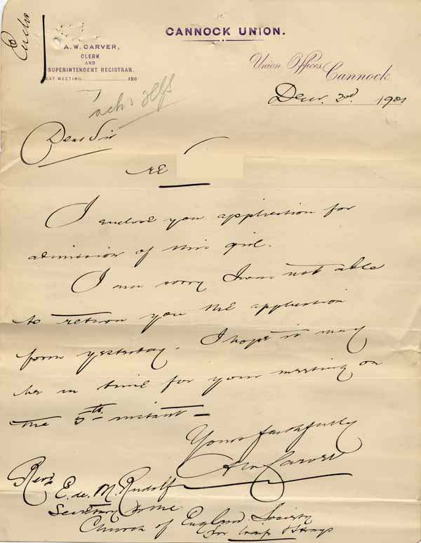 Large size image of Case 8625 3. Letter from Cannock Union enclosing the application form  3 December 1901
 page 1