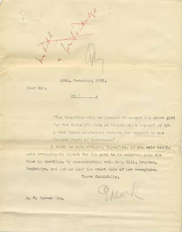 Large size image of Case 8625 4. Copy letter from Revd Edward Rudolf accepting E. for the Penkridge Home  10 December 1901
 page 1