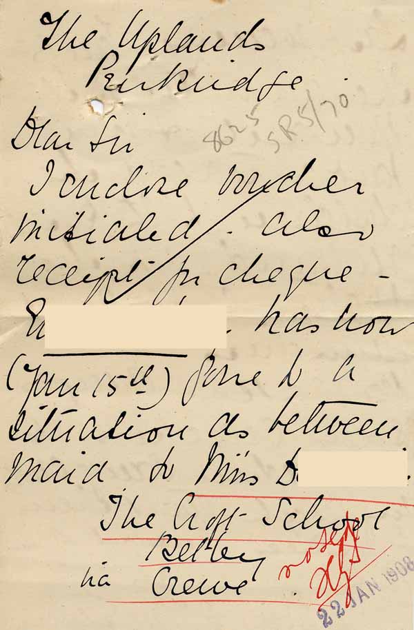 Large size image of Case 8625 9. Notice that E. had gone to another situation as a between maid  22 January 1908
 page 1