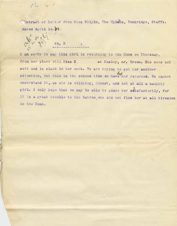 Large size image of Case 8625 10. Extract of a letter reporting that E. was returning to the Home having lost her situation  14 April 1908
 page 1