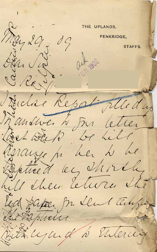Large size image of Case 8625 14. Letter from the Penkridge Home concerning E's decision to leave her position  29 May 1909
 page 1