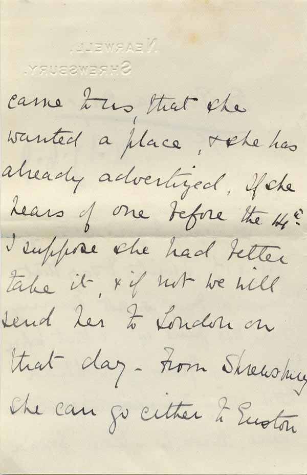 Large size image of Case 8625 18. Letter from E's employer saying that E. was not leaving in disgrace but had (quote)foolishly(unquote) given notice because she was scolded by the Cook  [June 1909]
 page 2