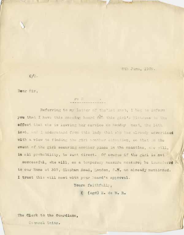 Large size image of Case 8625 20. Copy letter from Revd Edward Rudolf to the Cannock Union  8 June 1909
 page 1