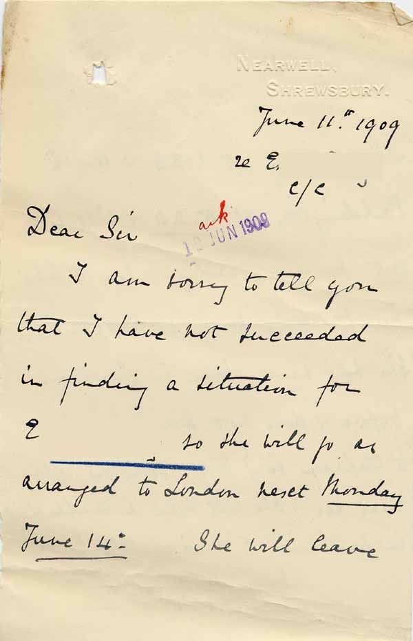 Large size image of Case 8625 21. Letter from E's employer about her travel to London  11 June 1909
 page 1