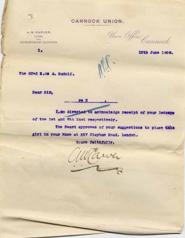 Large size image of Case 8625 23. Letter from the Cannock Union  12 June 1909
 page 1